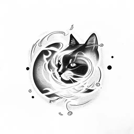 A mystical black cat surrounded by swirling cosmic energy tattoo design idea
