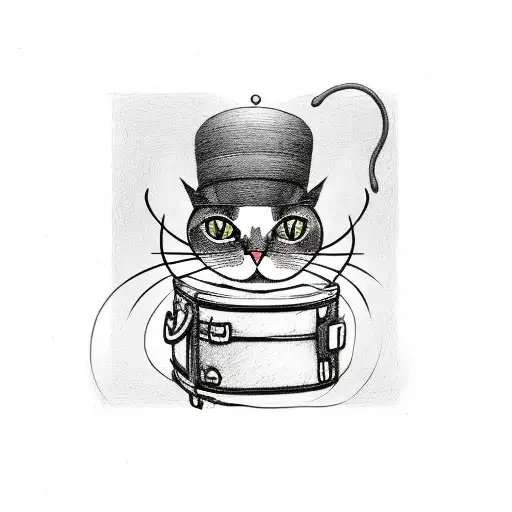 A whimsical cat wearing a hat and carrying a suitcase, ready for a travel adventure tattoo design idea