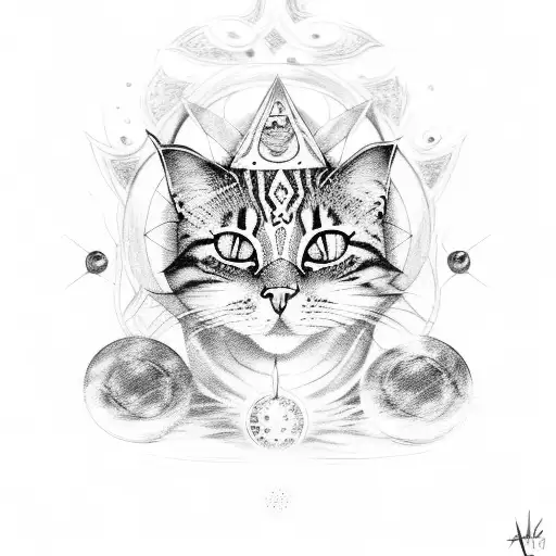 A witchy feline familiar with a third eye and magical symbols tattoo design idea