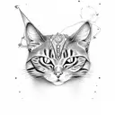 A witchy feline familiar with a third eye and magical symbols tattoo design idea