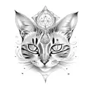 A witchy feline familiar with a third eye and magical symbols tattoo design idea