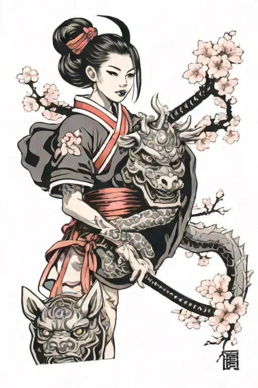 girl and samurai, sakura, cherry blossoms, dragon, oni mask tattoo design idea