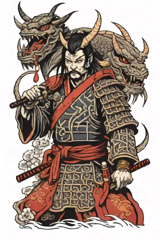 and samurai warrior holding oni mask, sakura, dragon hot girl biside samurai tattoo design idea