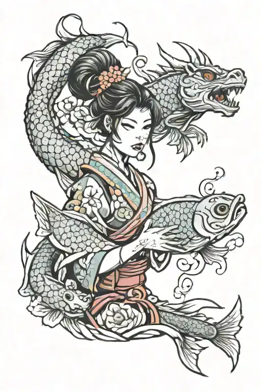 girl, sakura, samurai warrior holding oni mask, fish, dragon tattoo design idea