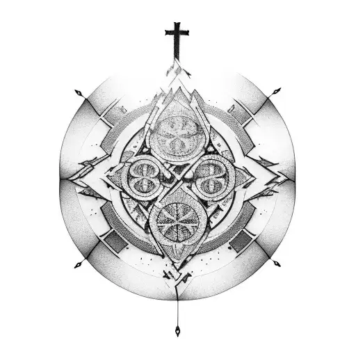 Incorporate a Gibson Les Paul guitar into a church stained glass window design tattoo design idea