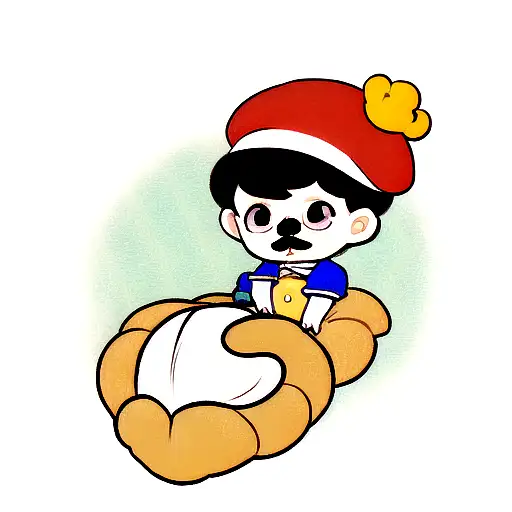 a baby croissant with a beret and a moustache tattoo design idea