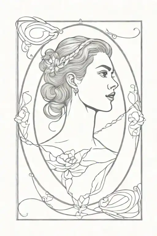 Cameo frame with woman behind one harm and under it the number 333 tattoo design idea