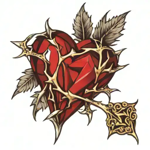 Crystal Deep Red Heart, The word "Ruby" in gold underneath, intricate silver thorns twisting around. tattoo design idea