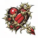 Crystal Deep Red Heart, The word "Ruby" in gold underneath, intricate silver thorns twisting around. tattoo design idea
