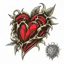 Crystal Deep Red Heart, The word "Ruby" in gold underneath, intricate silver thorns twisting around. tattoo design idea