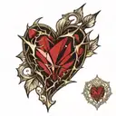 Crystal Deep Red Heart, The word "Ruby" in gold underneath, intricate silver thorns twisting around. tattoo design idea