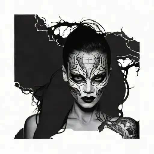 Tattoo Cracked mask with different elements. Behind her is a creature that can barely contain its rage, an escort tattoo design idea
