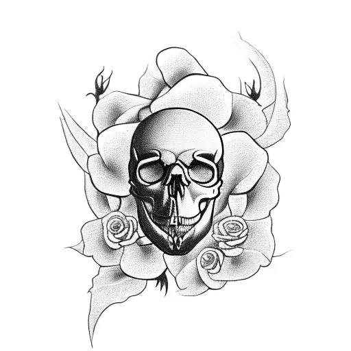 a side profile of a skull with a crow on top of the skull and rose vines coming out of the skulls mouth tattoo design idea