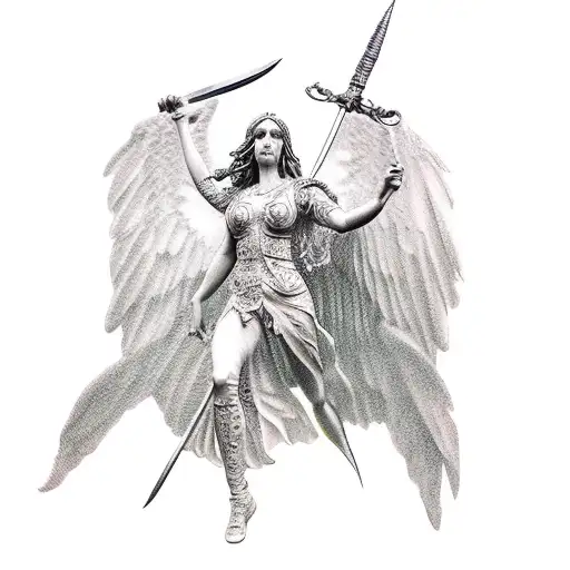 statue of the morrigan with a sword tattoo design idea