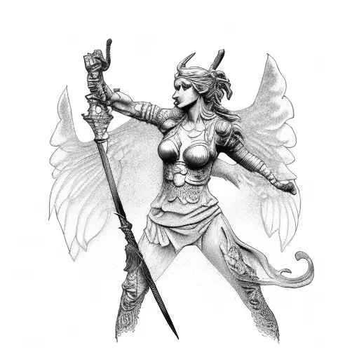 statue of the morrigan with a sword tattoo design idea