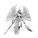 statue of the morrigan with a sword tattoo design idea