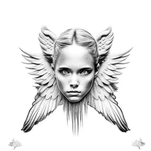A black and grey portrait of a person with intricately detailed angel wings, symbolizing their strength and resilience tattoo design idea