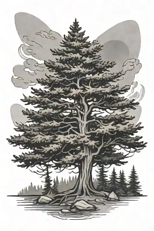 evergreen tree growing tattoo design idea