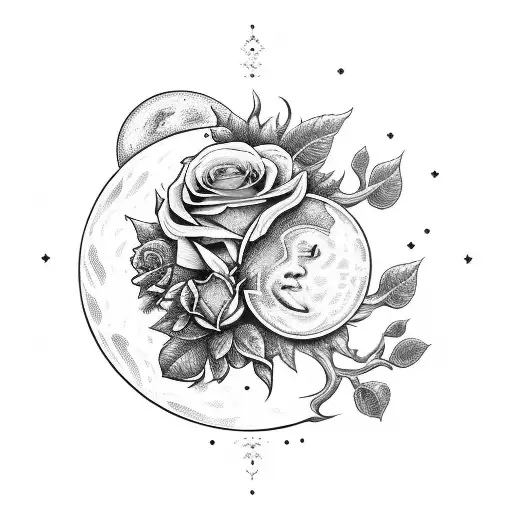 Sun and Moon with rose bouquet tattoo design idea