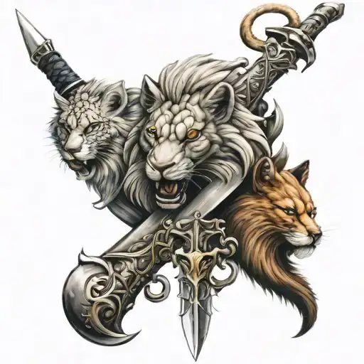 three sword with lion fox and snake head tattoo design idea