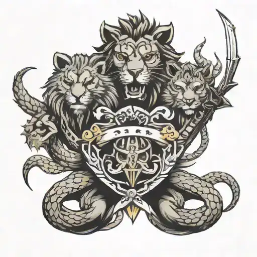 three sword lion snake fox tattoo design idea
