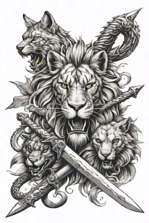 three sword with lion fox and snake head tattoo design idea