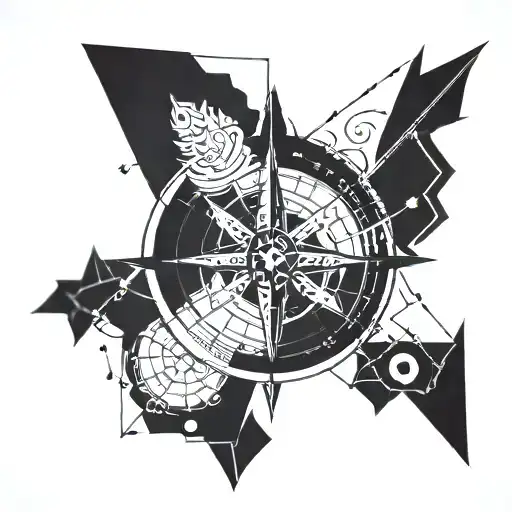 A geometric compass design incorporating elements of tribal art, symbolizing guidance and exploration tattoo design idea