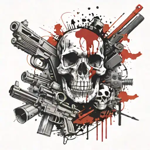 skull and machine guns around tattoo design idea