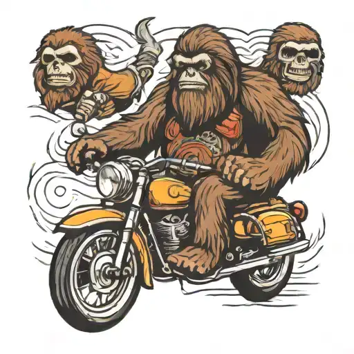 Bigfoot on a motorcycle with a sloth in a side car  tattoo design idea