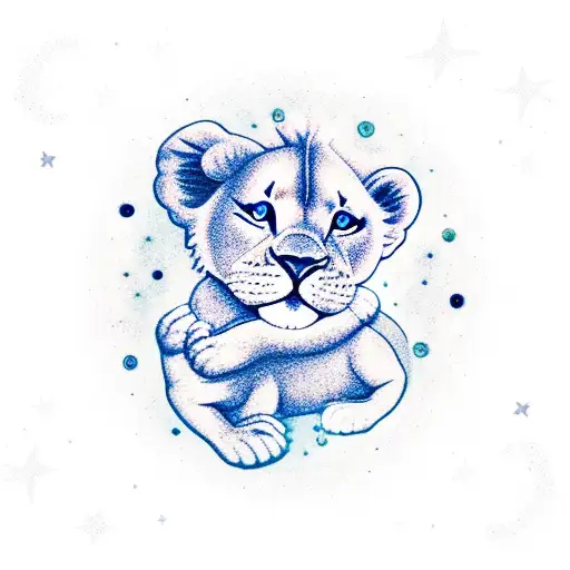 Aquarius girl and lion baby playing in a starry night sky tattoo design idea