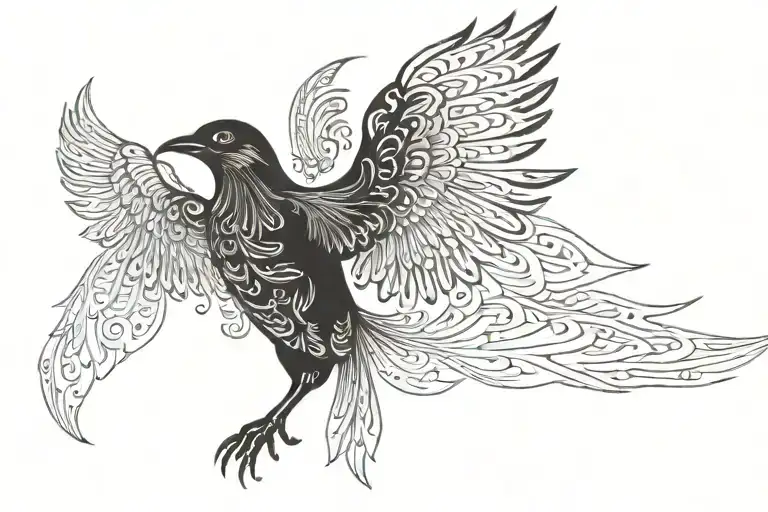 A detailed silhouette of a bird in flight, with intricate patterns of feathers and wings tattoo design idea