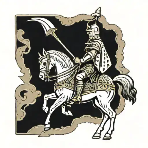 A knight on horseback. The horse stands on its hind legs. The rider's head is gone, replaced by a flash of light and a c tattoo design idea
