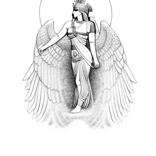 goddess Isis kneeled on one knee with open wings minimal elegant tattoo design idea