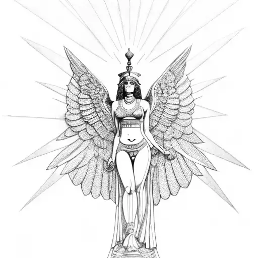 goddess Isis on one knee with open wings minimal elegant tattoo design idea
