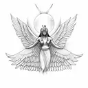 goddess Isis on one knee with open wings minimal elegant tattoo design idea