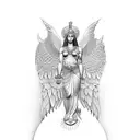 goddess Isis on one knee with open wings minimal elegant tattoo design idea