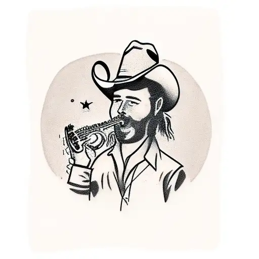 brown dog playing the banjo in the desert wearing a cowboy hat  tattoo design idea