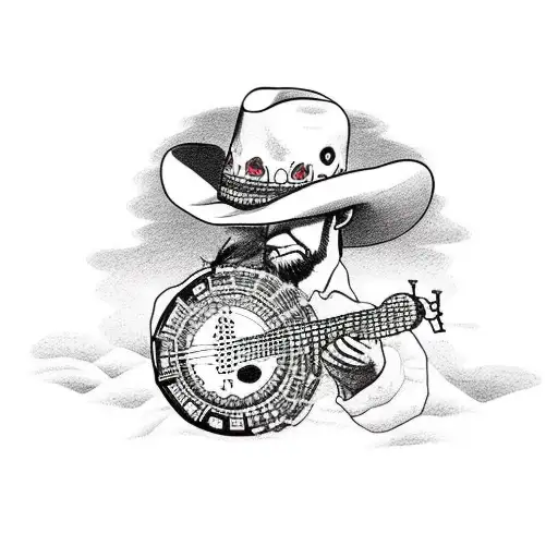 a brown dog playing the banjo in the desert wearing a cowboy hat  tattoo design idea