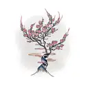 flaming cherry blossom tree with spiral trunk tattoo design idea