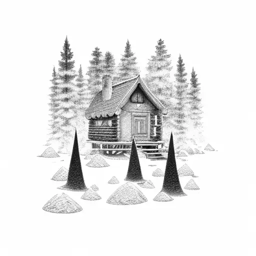 cabin, forest, camp fire tattoo design idea