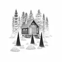 cabin, forest, camp fire tattoo design idea