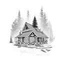 cabin, forest, camp fire tattoo design idea