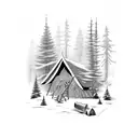 cabin, forest, camp fire tattoo design idea