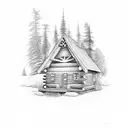 cabin, camp fire tattoo design idea