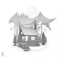 cabin, camp fire tattoo design idea