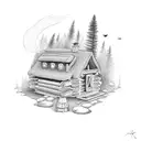 cabin, camp fire tattoo design idea