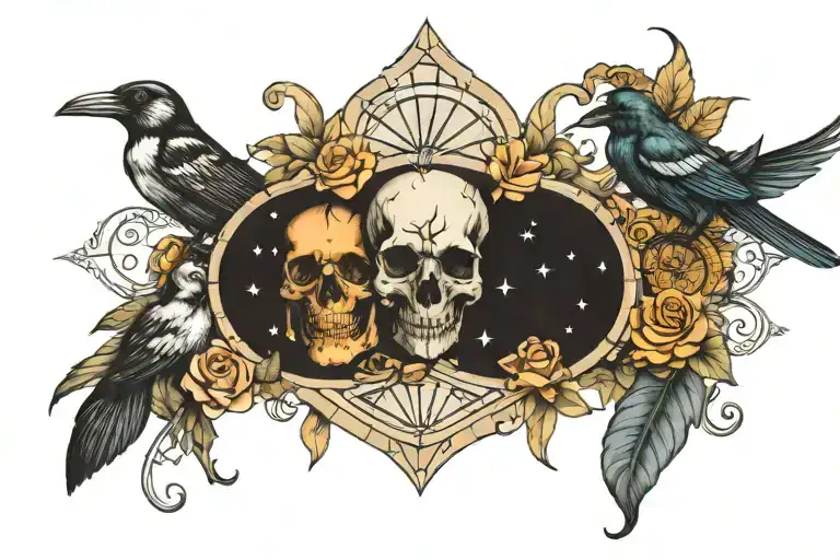 Witchy themed chest tattoo for women containing skulls, moon phases and magpies. Symmetrical. tattoo design idea