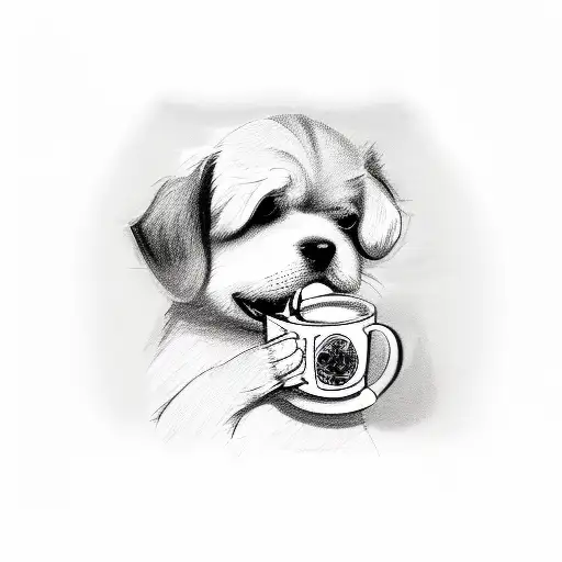 A sketch of a dog holding a coffee cup in its mouth tattoo design idea