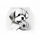 A sketch of a dog holding a coffee cup in its mouth tattoo design idea