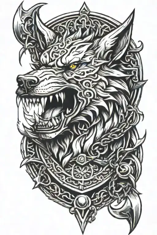 FENRIR HEAD, CHAINS ON THE NECK, SHIELD AND AXES tattoo design idea
